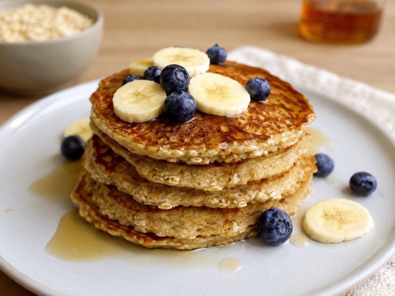 Torre de pancakes de avena con plátano, arándanos y miel