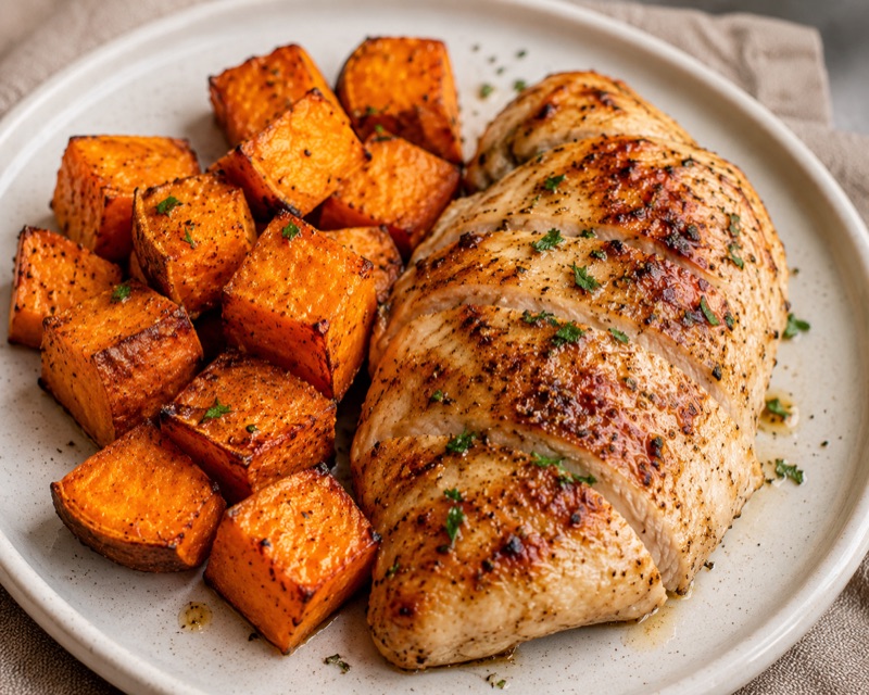 Pechuga de pollo al horno dorada con cubos de camote y perejil
