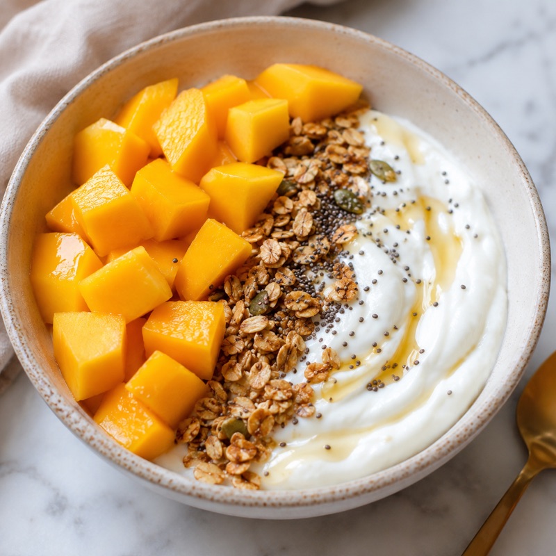 Bowl de yogurt griego con mango en cubos, granola y semillas